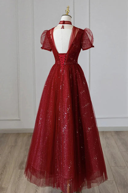 Burgundy Tulle Sequins Tea Length Prom Dress, A-Line Evening Dress TP905