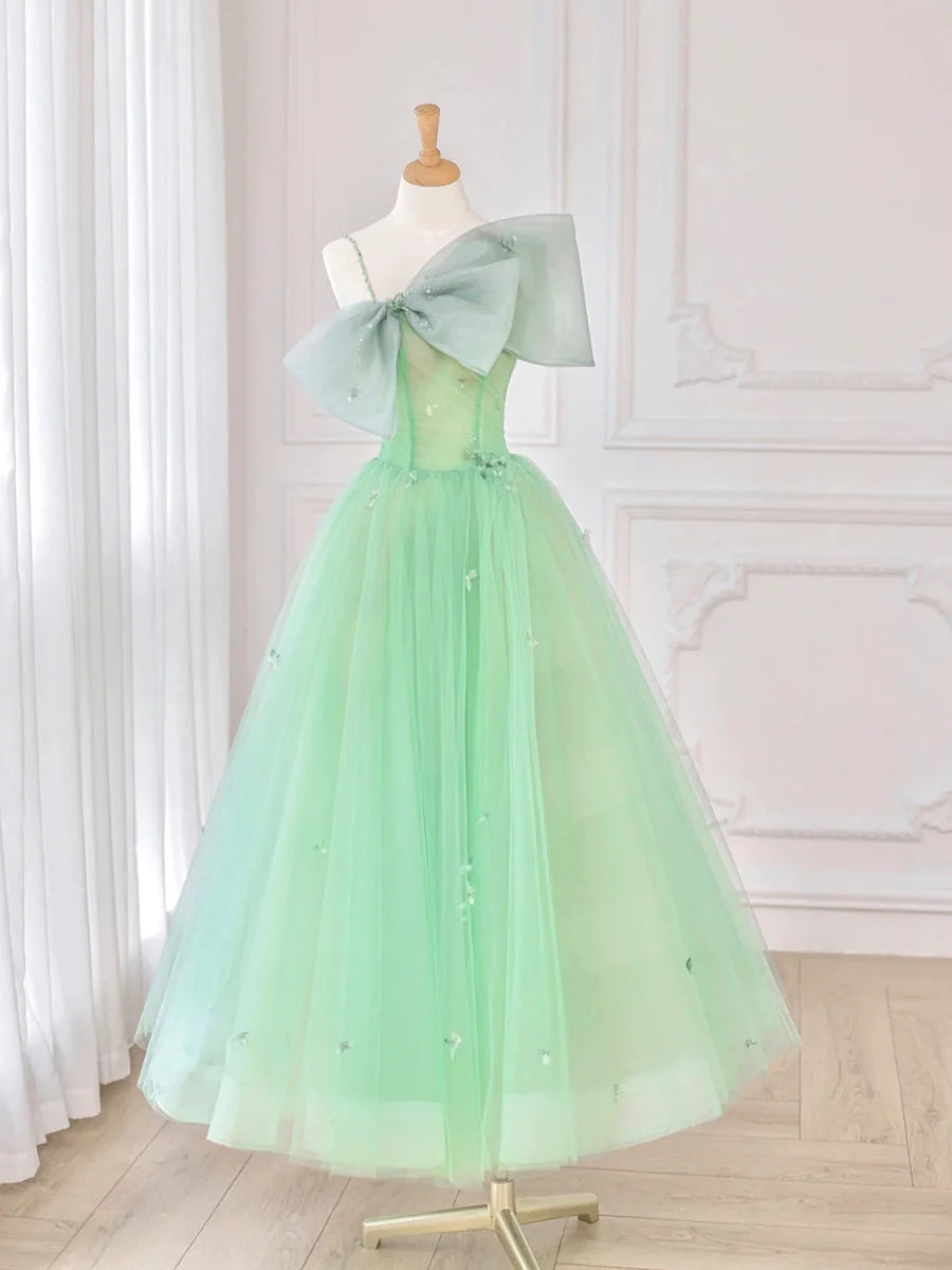 Green Tulle Short Prom Dress, A-Line Evening Dress with Bow TP907