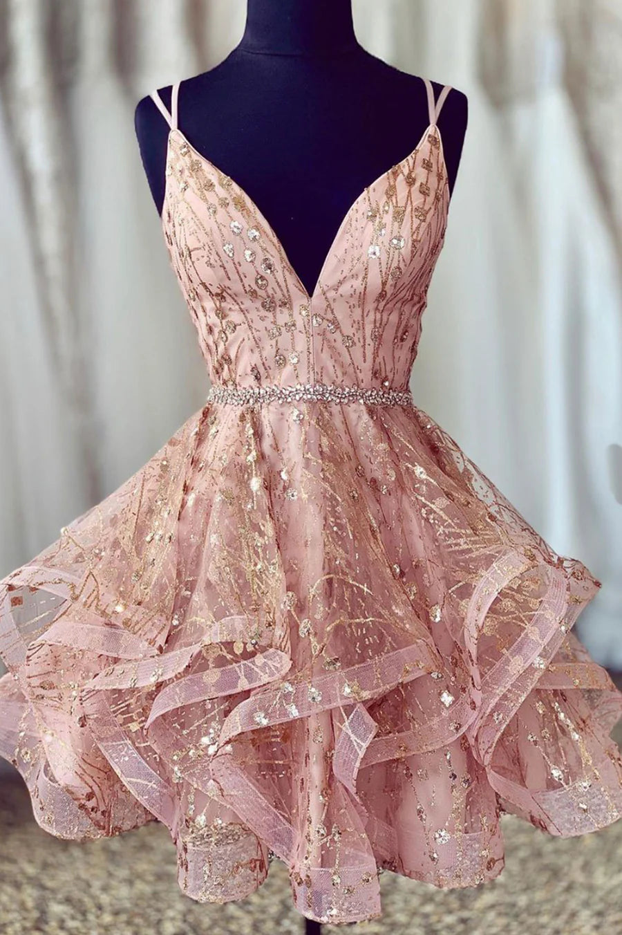 Pink V-Neck Tulle Short Prom Dresses, A-Line Mini Party Dresses TP918