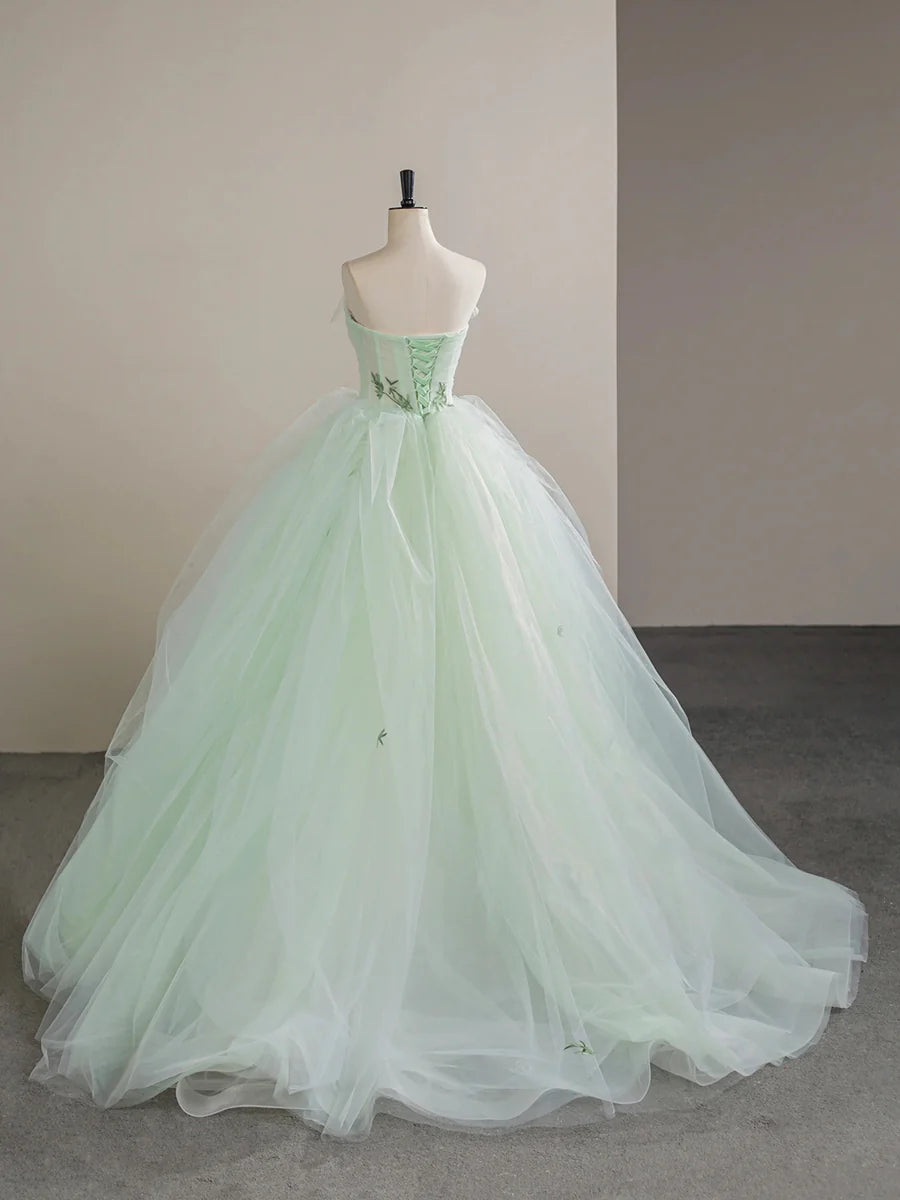 Light Green Tulle Floor Length Prom Dress, Beautiful Strapless A-Line Evening Party Dress TP934