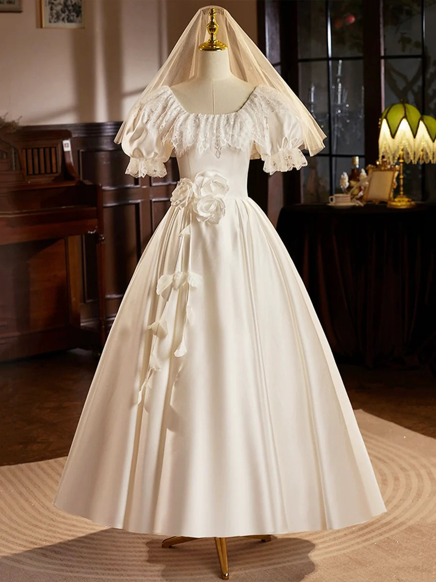 White Satin Tea Length Prom Dress with Lace, Retro A-Line Evening Party Dress TP939