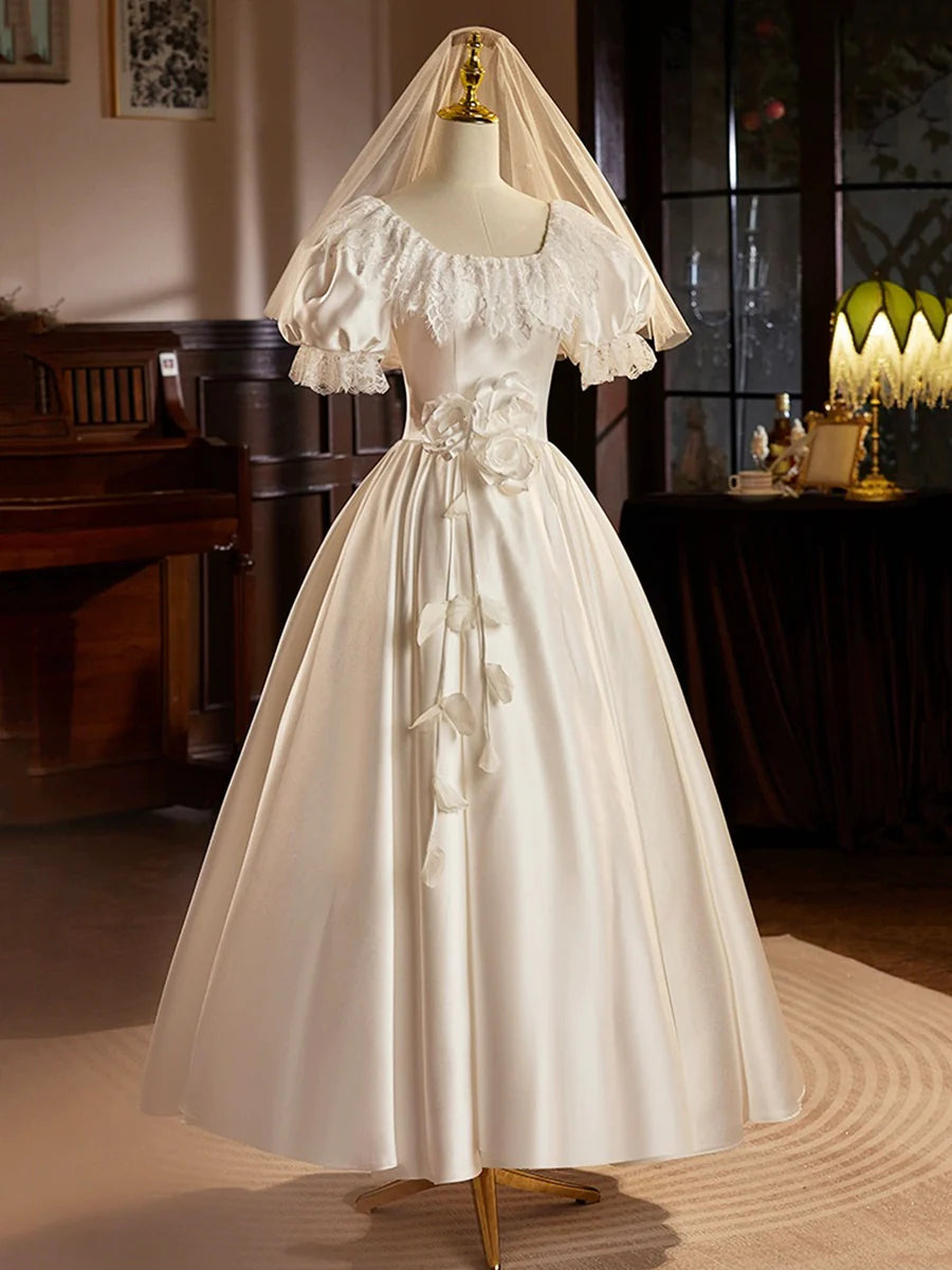 White Satin Tea Length Prom Dress with Lace, Retro A-Line Evening Party Dress TP939