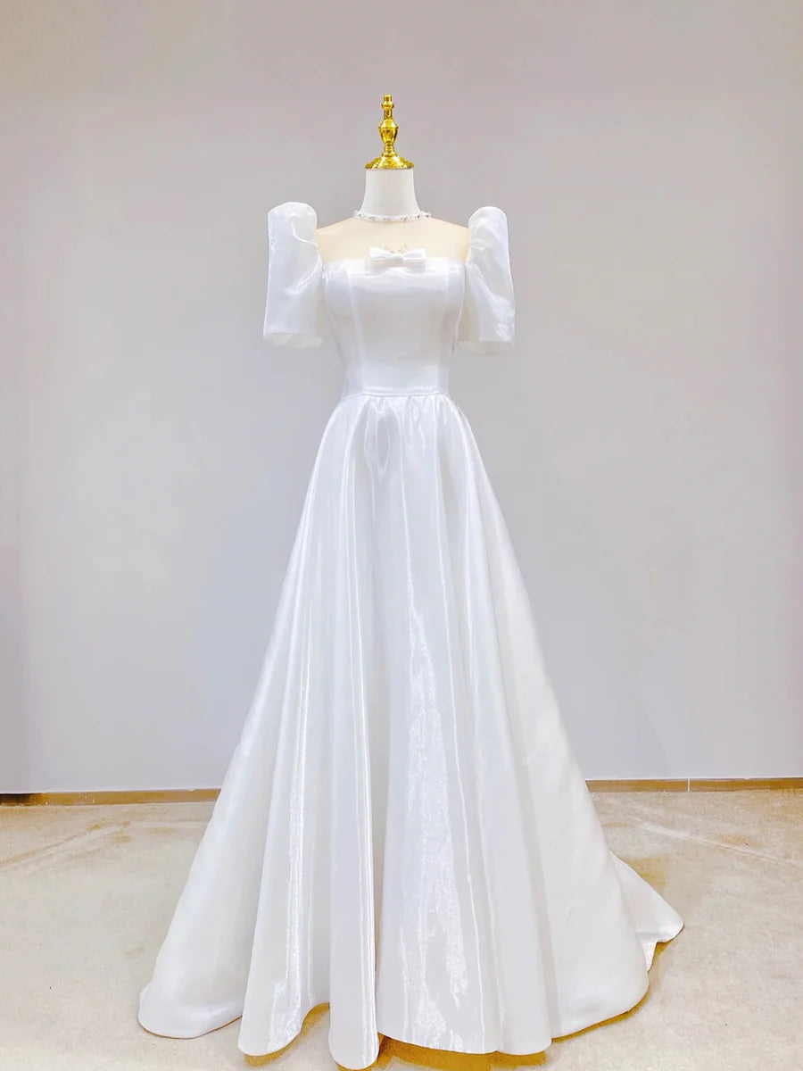 White Satin Short Sleeve Floor Length Prom Dress, White A-Line Party Dress TP942