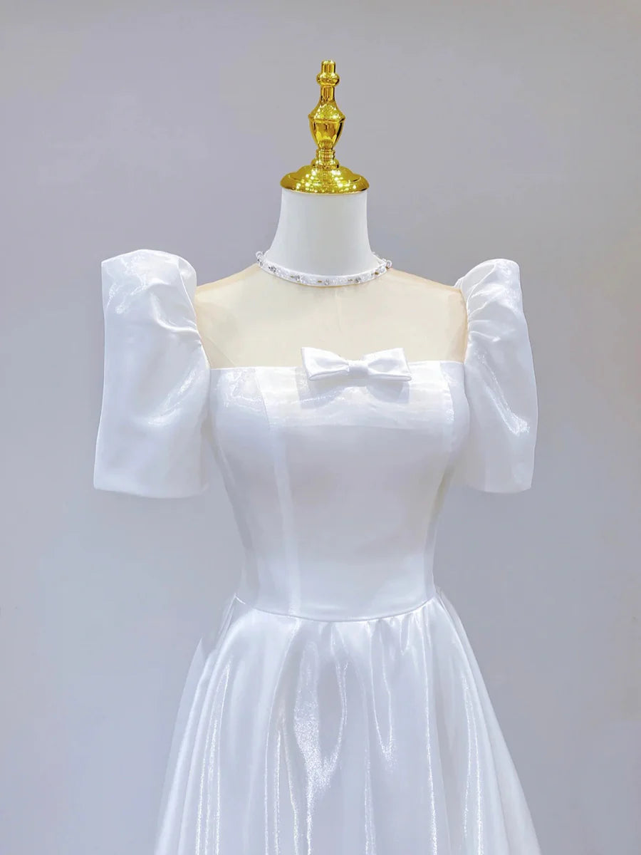 White Satin Short Sleeve Floor Length Prom Dress, White A-Line Party Dress TP942