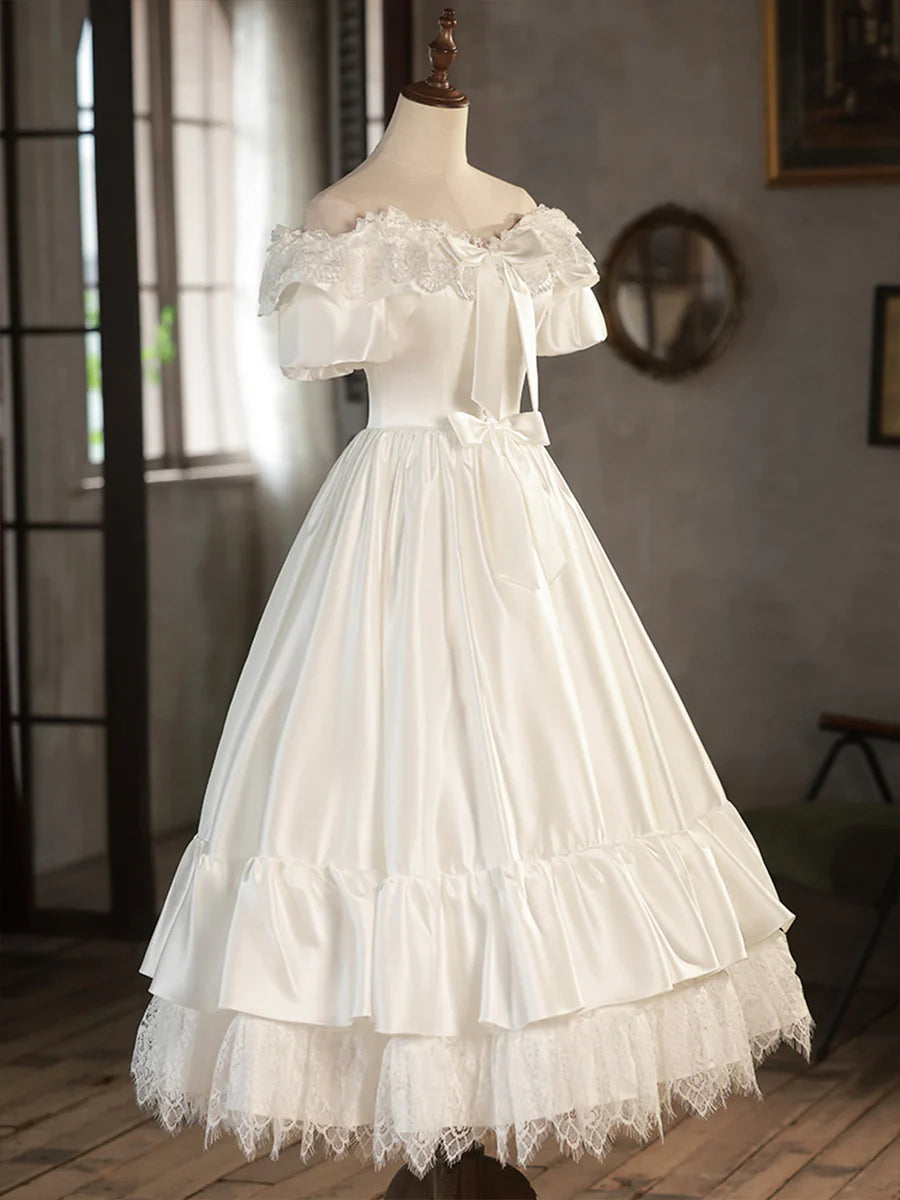 White Satin Lace Short Prom Dress, Off Shoulder Evening Dress, Wedding Dress TP946