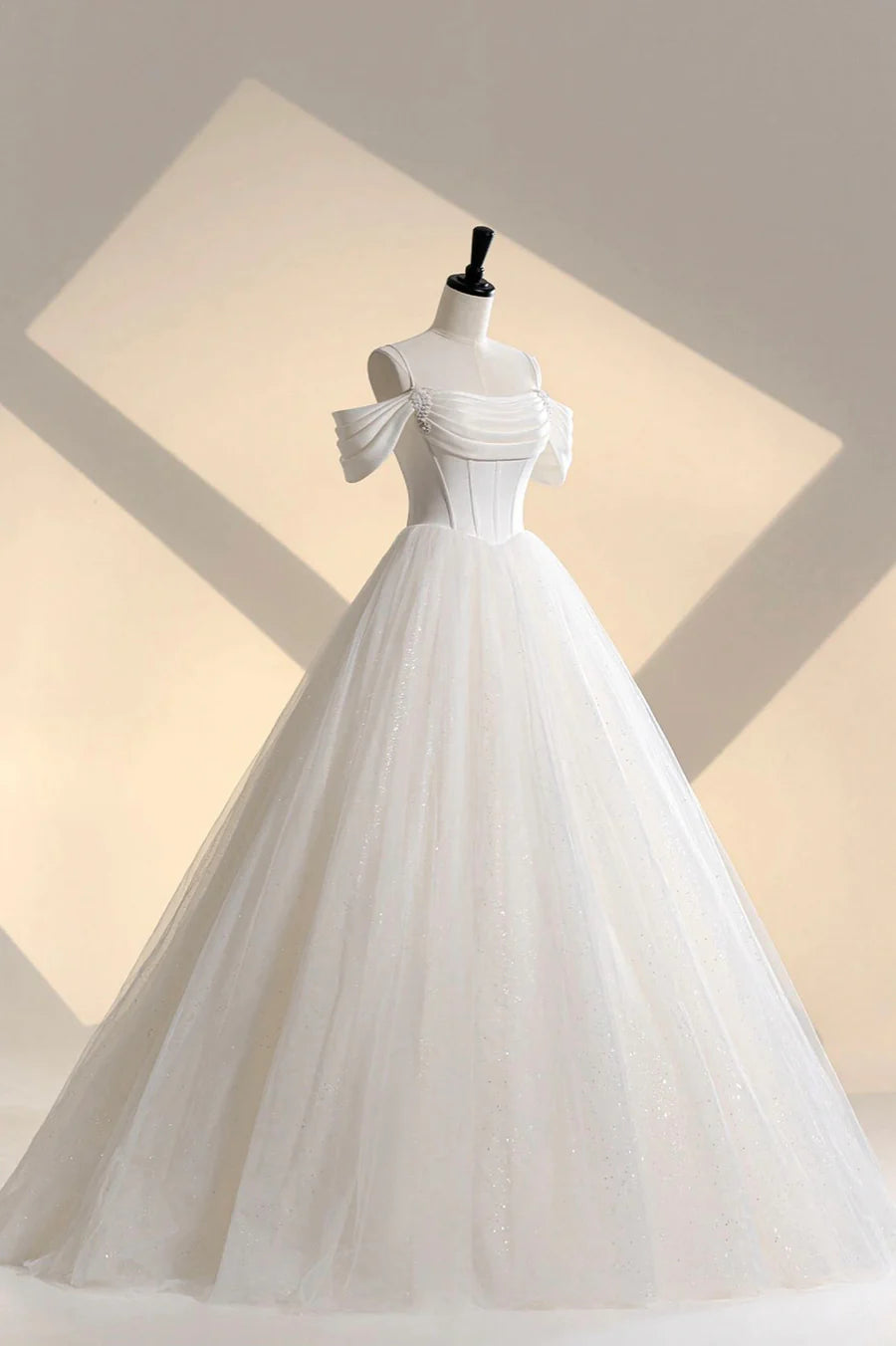 Ivory Tulle Off the Shoulder Formal Gown, Elegant A-Line Wedding Dress TP951