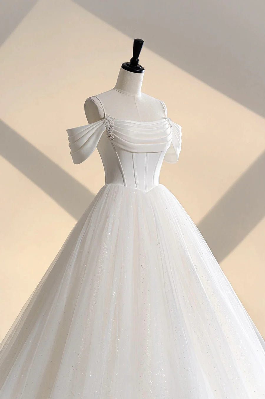 Ivory Tulle Off the Shoulder Formal Gown, Elegant A-Line Wedding Dress TP951