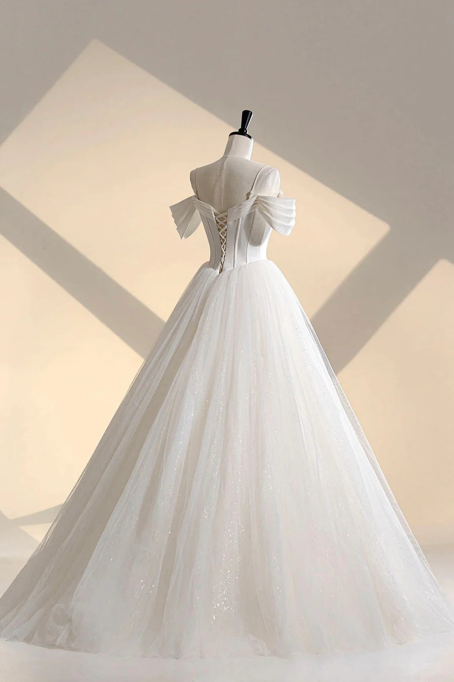 Ivory Tulle Off the Shoulder Formal Gown, Elegant A-Line Wedding Dress TP951