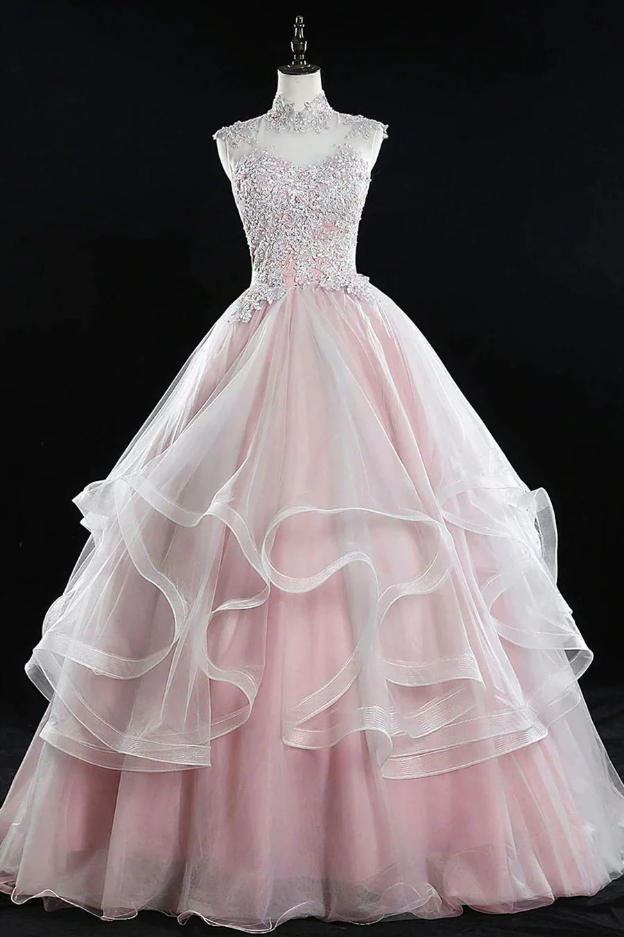 Pink Tulle Lace Sweet 16 Dresses, Long Quinceanera Dresses TP953