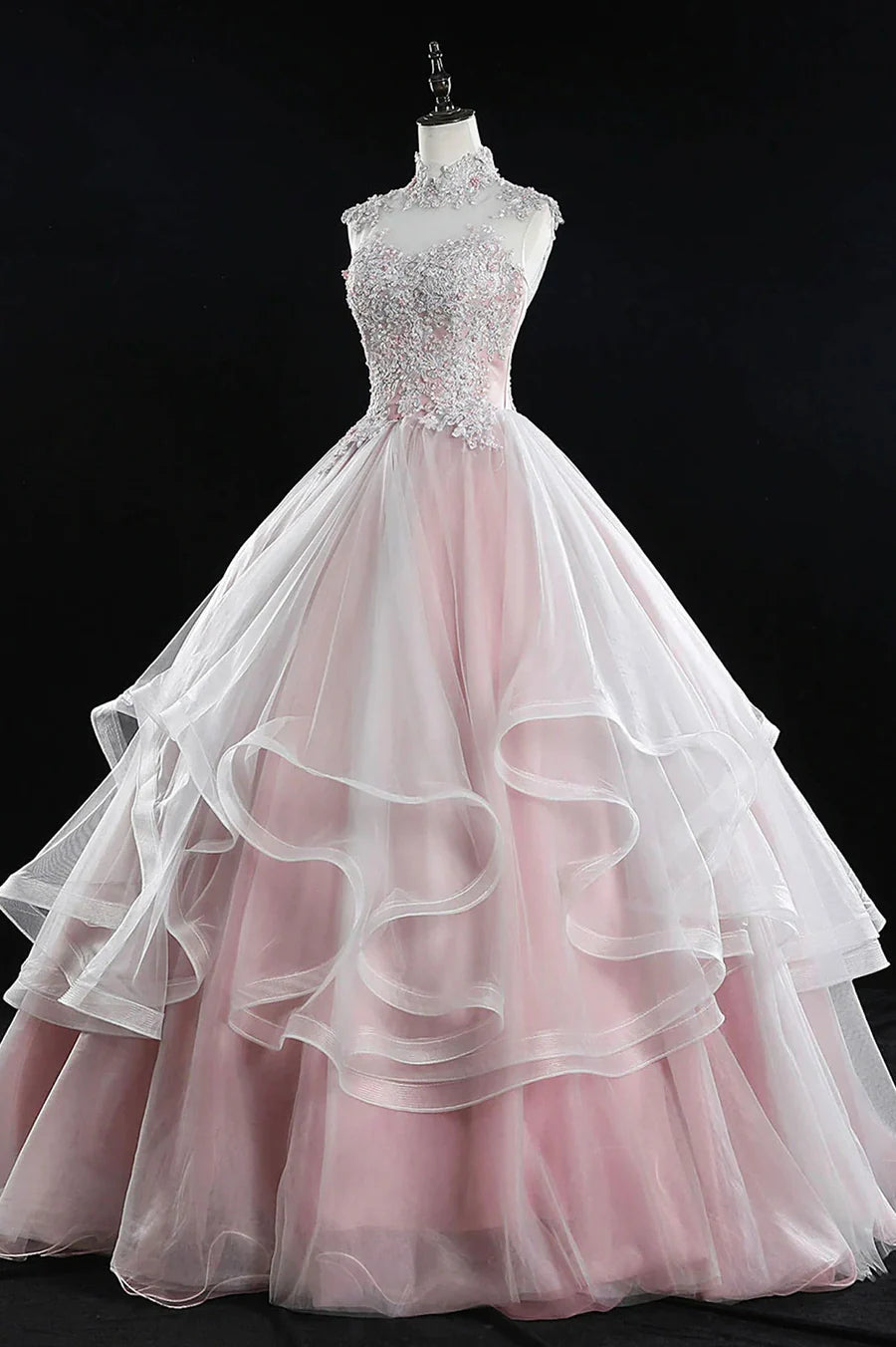 Pink Tulle Lace Sweet 16 Dresses, Long Quinceanera Dresses TP953