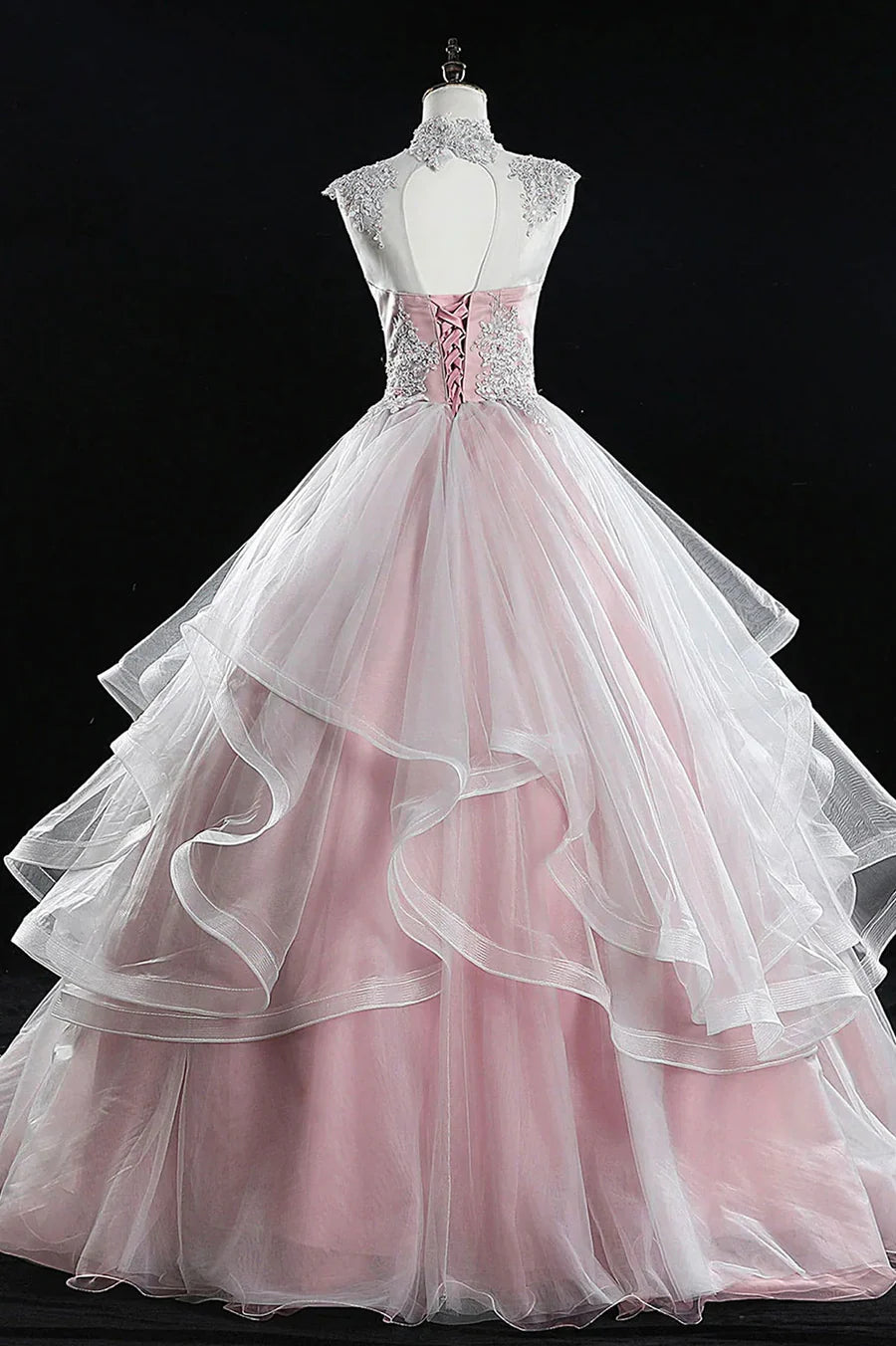 Pink Tulle Lace Sweet 16 Dresses, Long Quinceanera Dresses TP953