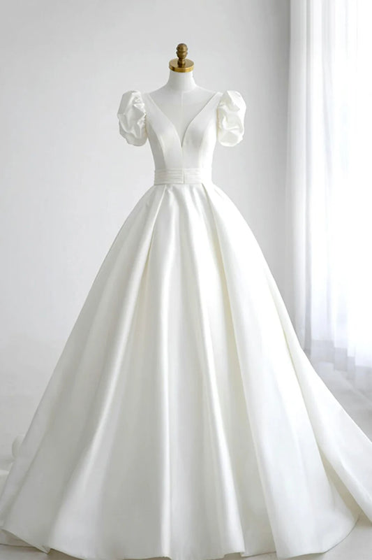 White V-Neck Satin Long Formal Dress, Wedding Formal Dress TP958