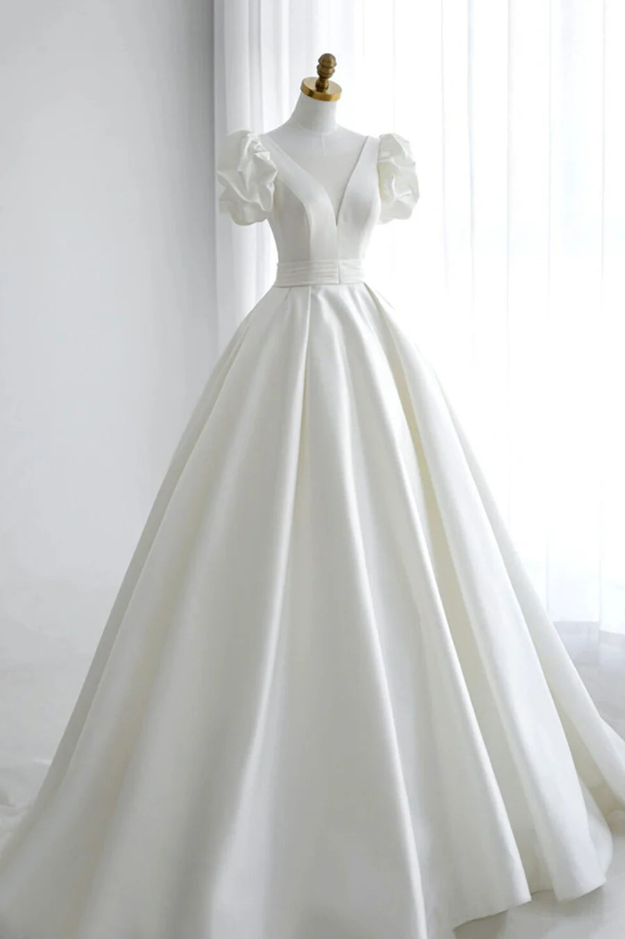 White V-Neck Satin Long Formal Dress, Wedding Formal Dress TP958