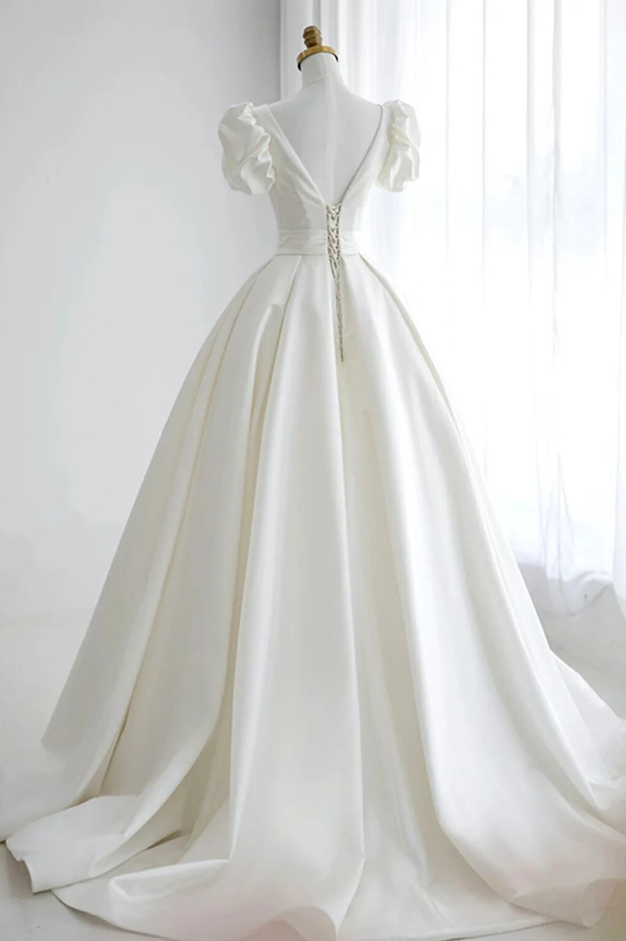 White V-Neck Satin Long Formal Dress, Wedding Formal Dress TP958