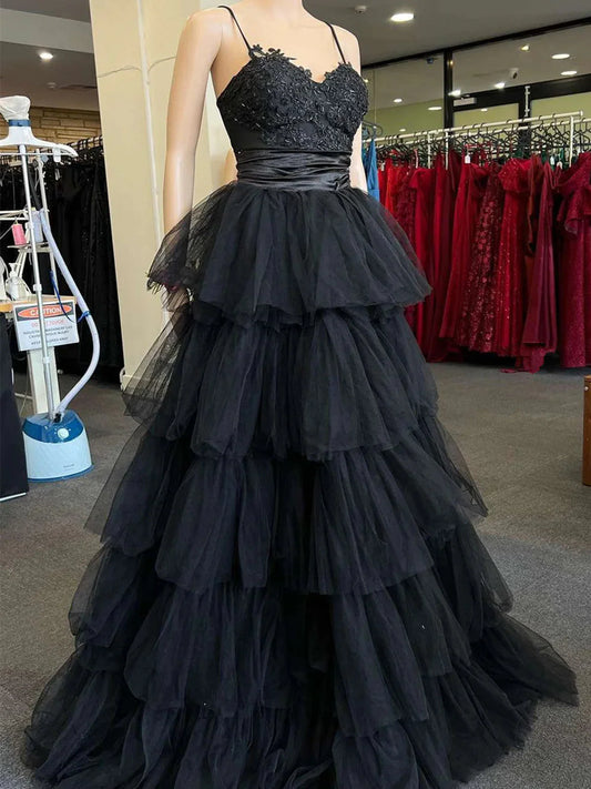 A-line Black Layers Tulle with Lace Straps Party Dress, Black Tulle Prom Dress TP974