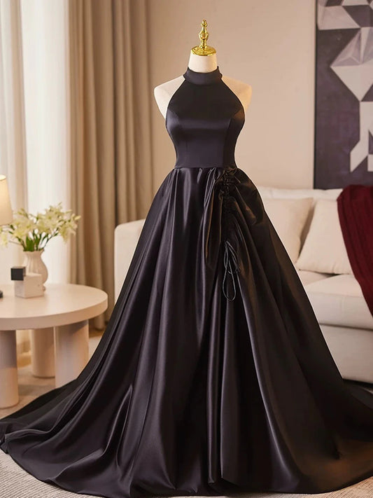 Black Halter Satin A-line Simple Style Prom Dress, Black Satin Party Dress TP976