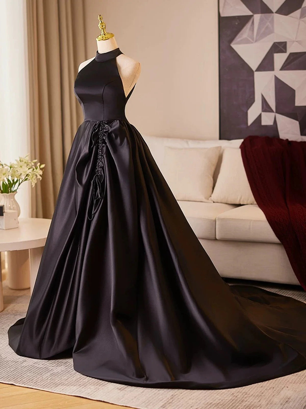 Black Halter Satin A-line Simple Style Prom Dress, Black Satin Party Dress TP976