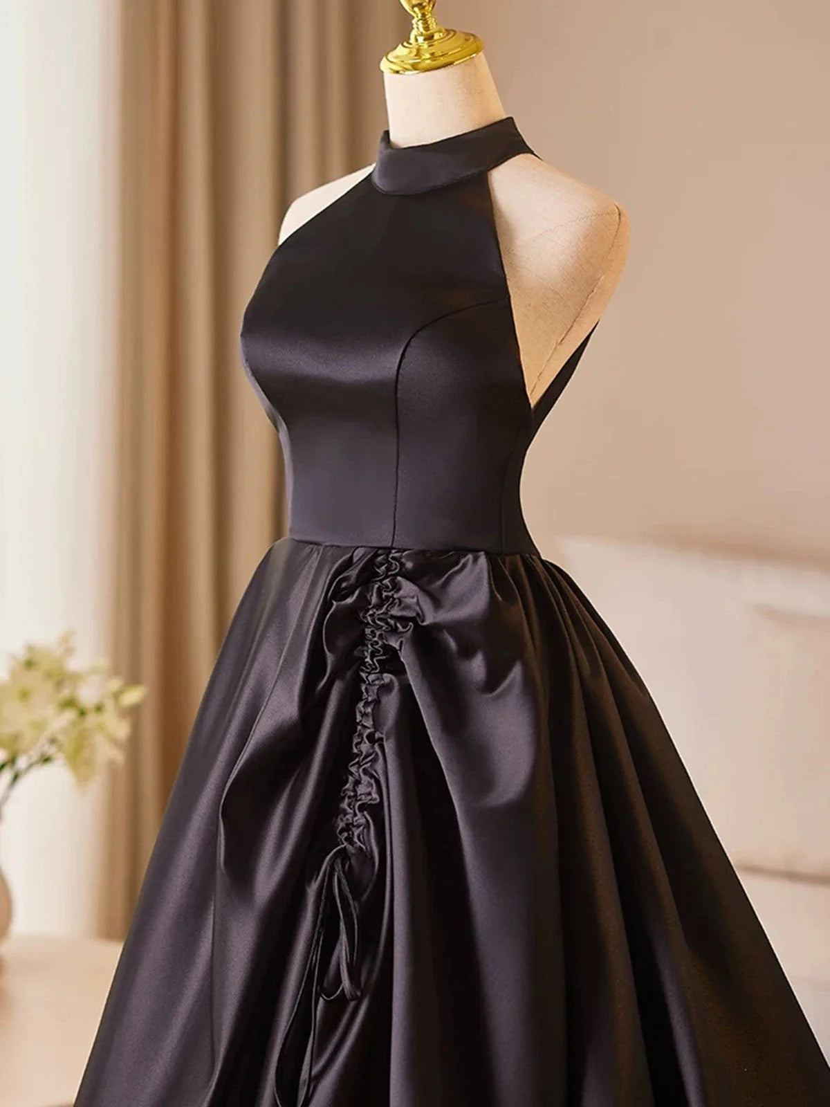 Black Halter Satin A-line Simple Style Prom Dress, Black Satin Party Dress TP976