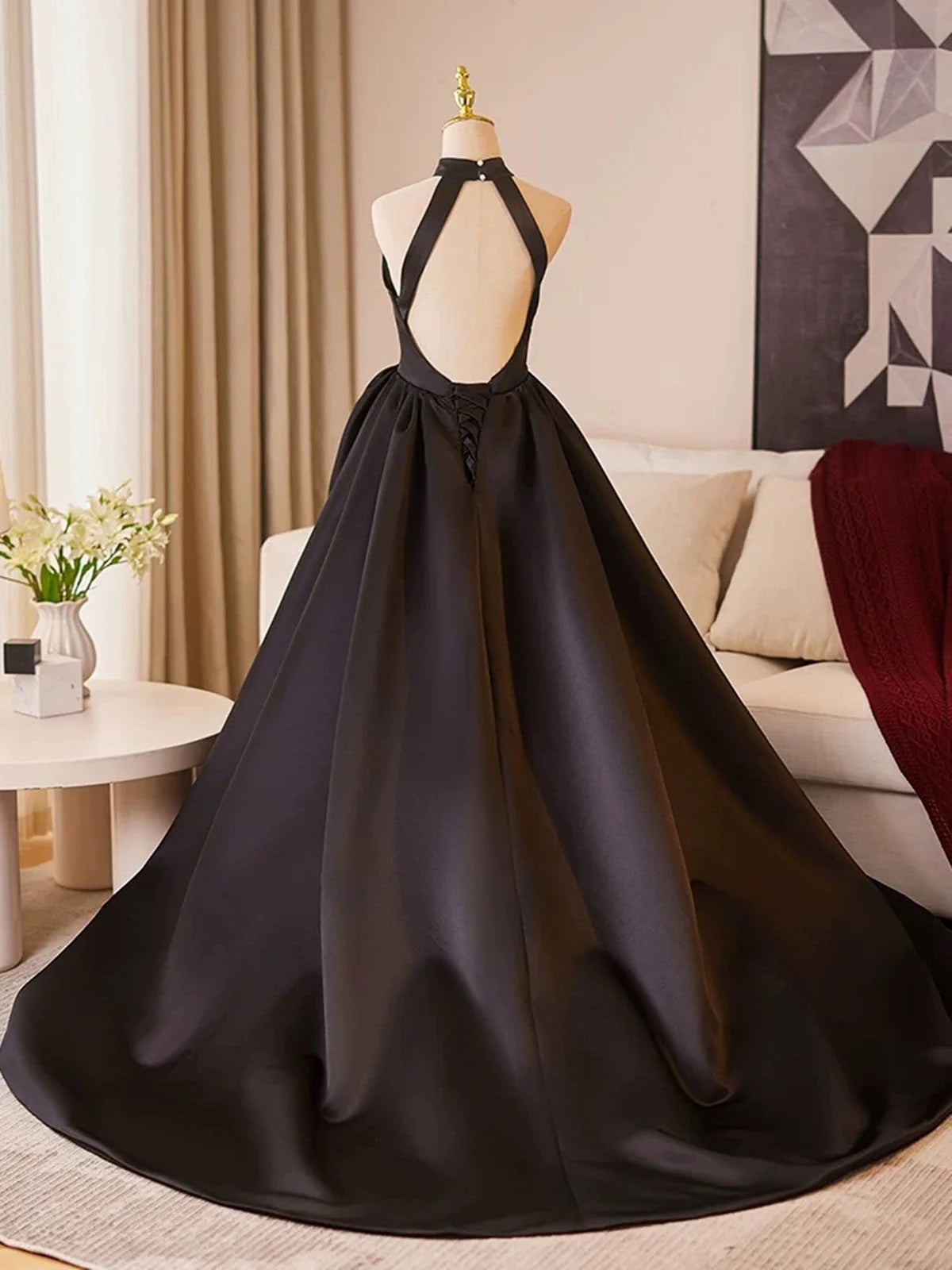 Black Halter Satin A-line Simple Style Prom Dress, Black Satin Party Dress TP976