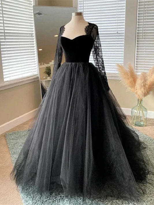 Black A-line Long Lace Sleeves Tulle Formal Dress, Black Prom Dress Party Dress TP982