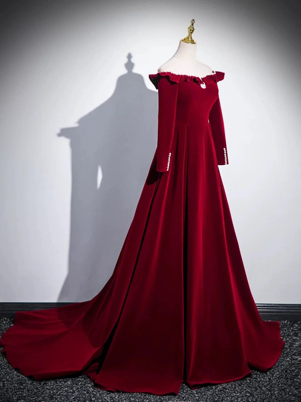 A-line Wine Red Velvet Long Sleeves Low Back Prom Dress, Wine Red Party Dress TP983