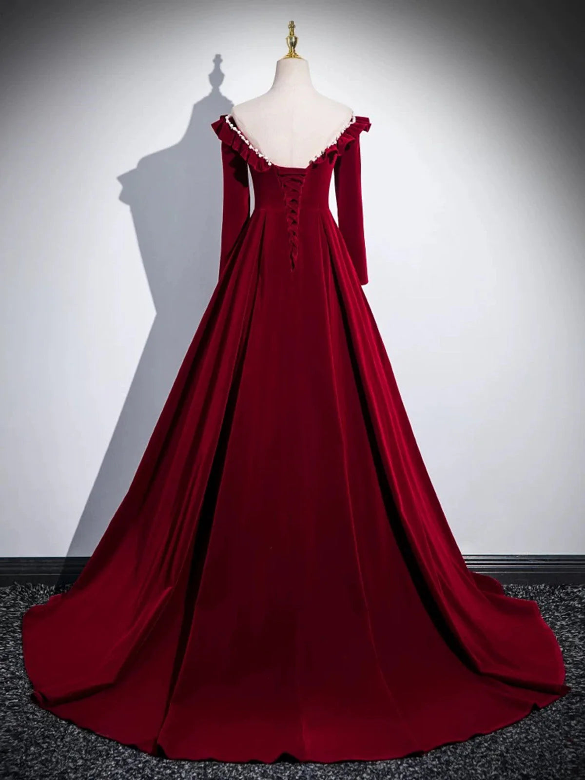 A-line Wine Red Velvet Long Sleeves Low Back Prom Dress, Wine Red Party Dress TP983