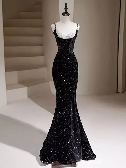 Black Sequins Mermaid Straps Beaded Prom Dress, Black Sequins Party Dress TP986