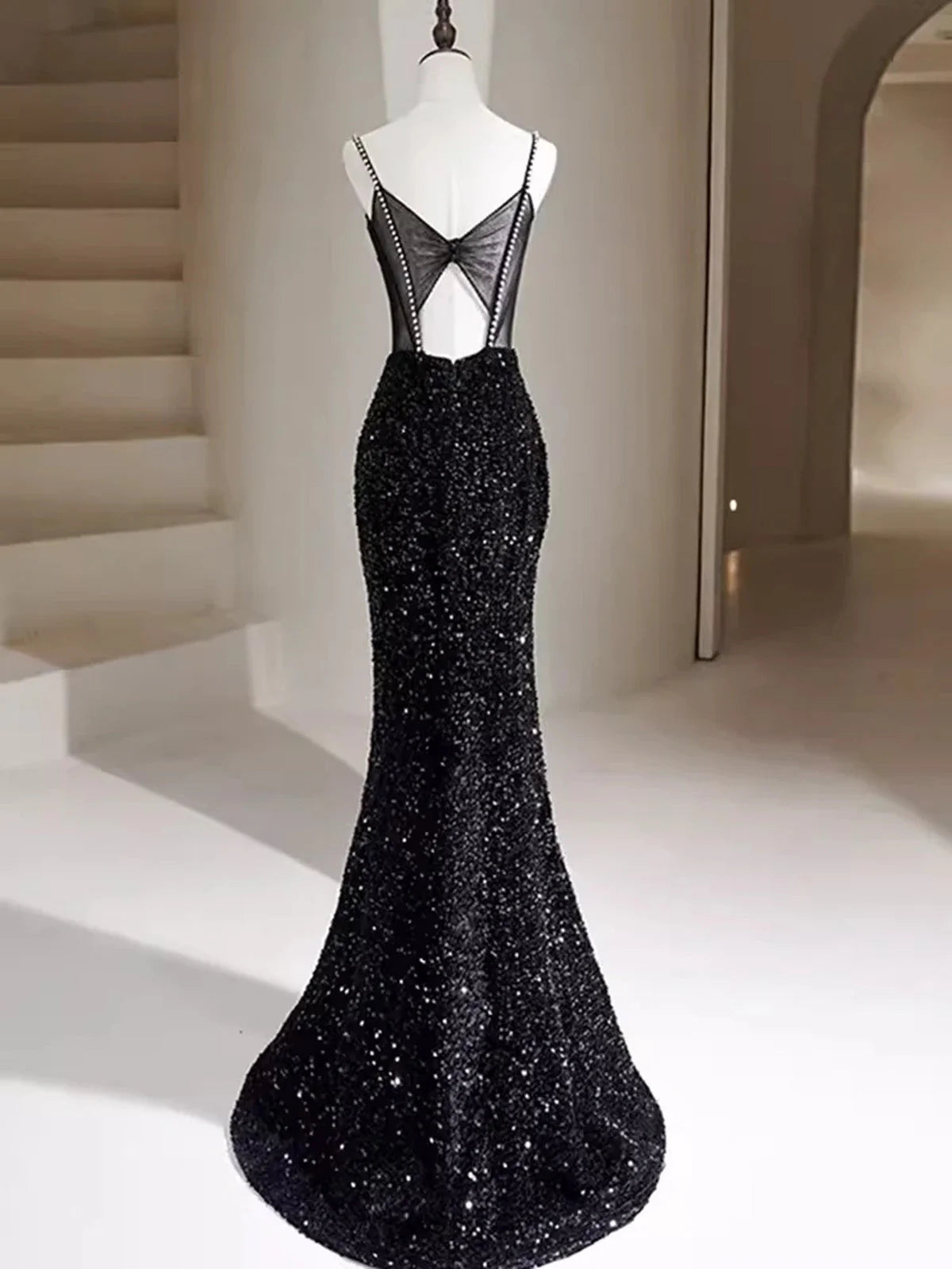 Black Sequins Mermaid Straps Beaded Prom Dress, Black Sequins Party Dress TP986