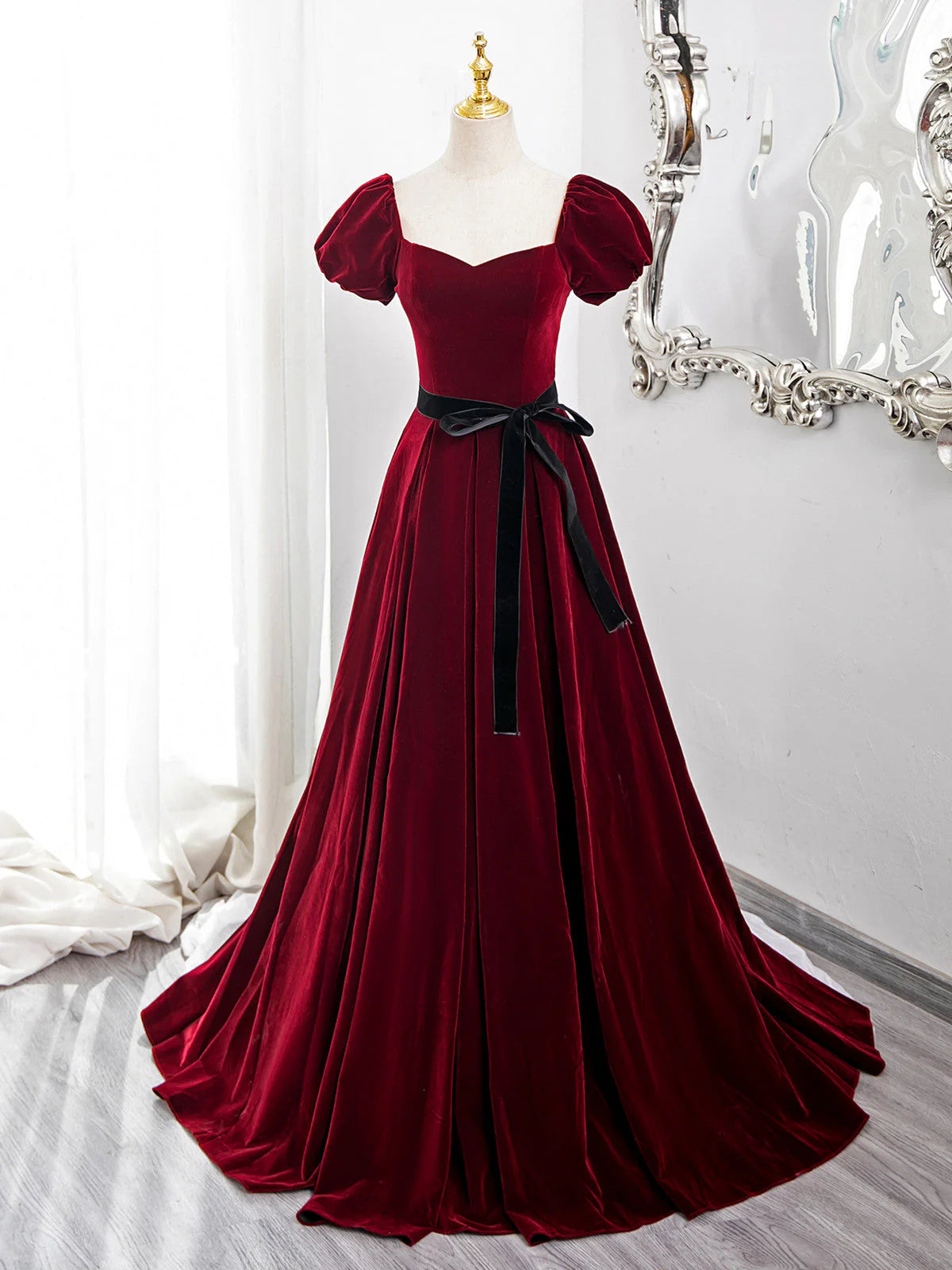 Wine Red Velvet Short Sleeves A-line Prom Dress, Wine Red Long Party Dress TP988