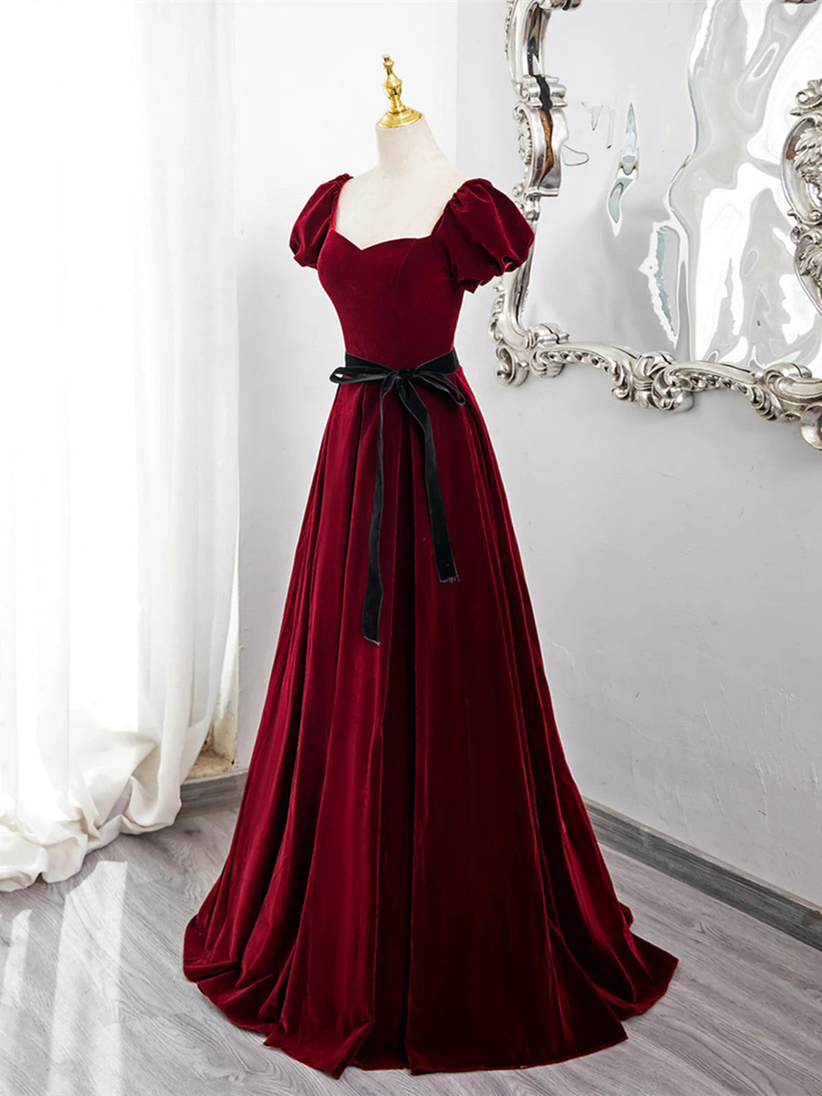 Wine Red Velvet Short Sleeves A-line Prom Dress, Wine Red Long Party Dress TP988