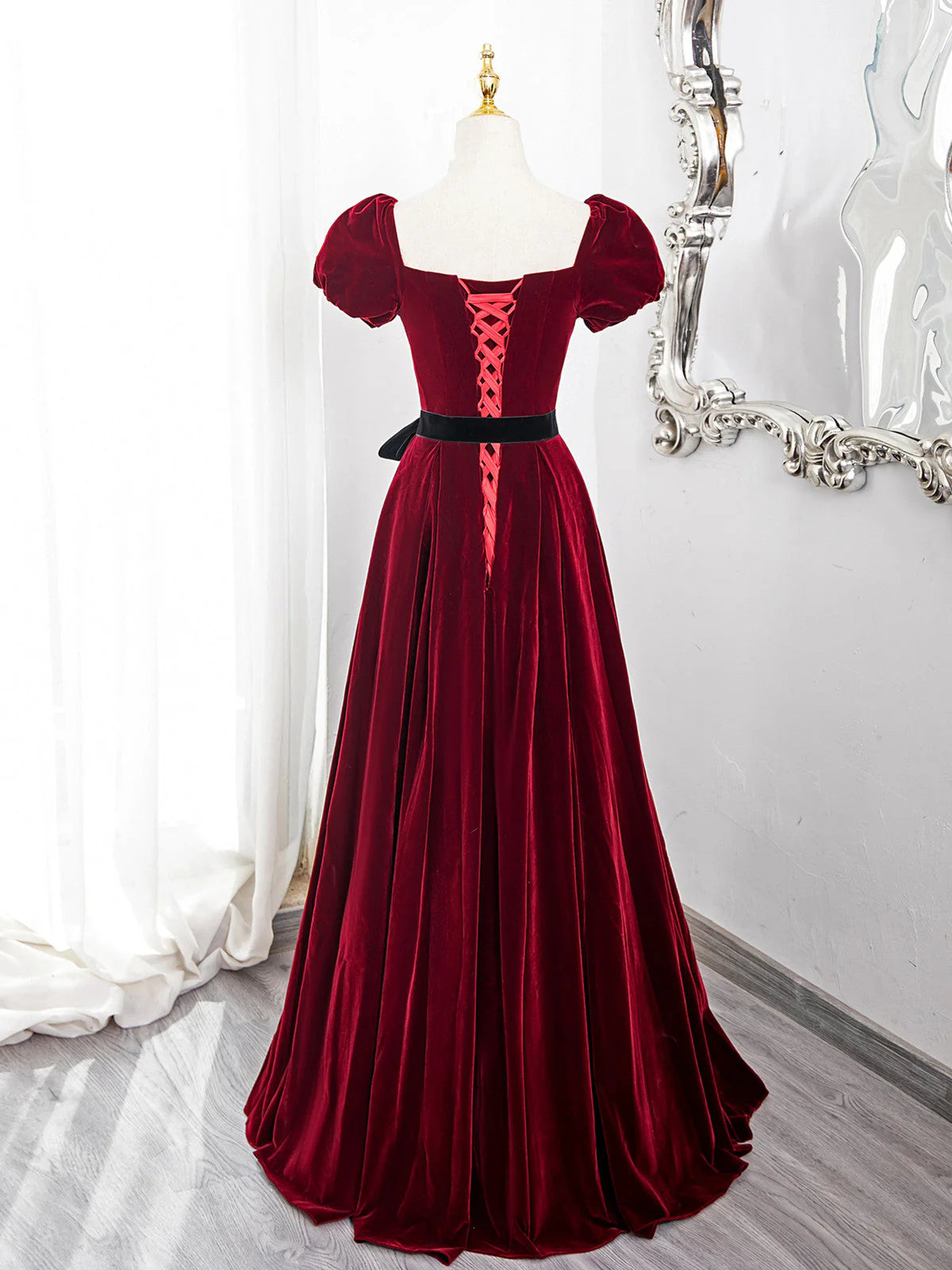 Wine Red Velvet Short Sleeves A-line Prom Dress, Wine Red Long Party Dress TP988