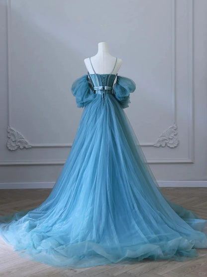 Chic Blue Sweetheart Straps Off Shoulder Tulle Formal Dress, Blue Prom Dress TP994