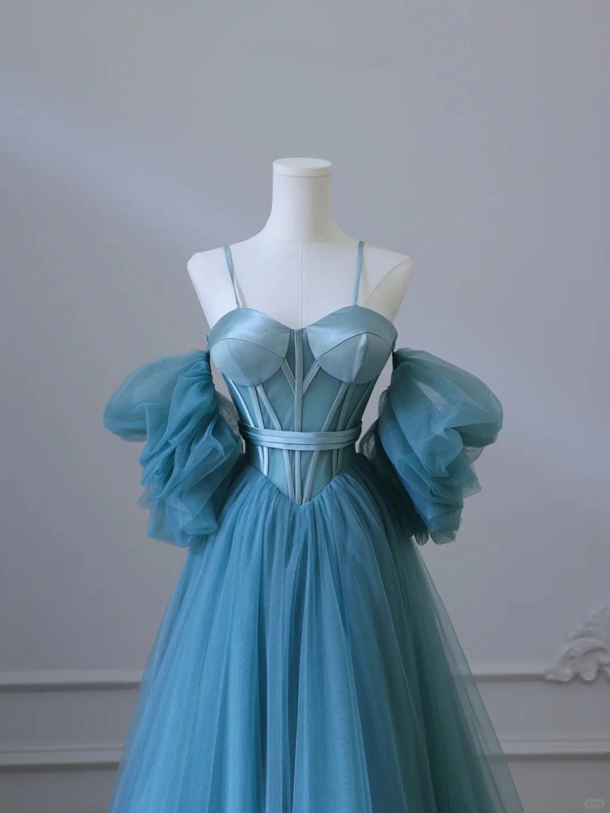 Chic Blue Sweetheart Straps Off Shoulder Tulle Formal Dress, Blue Prom Dress TP994