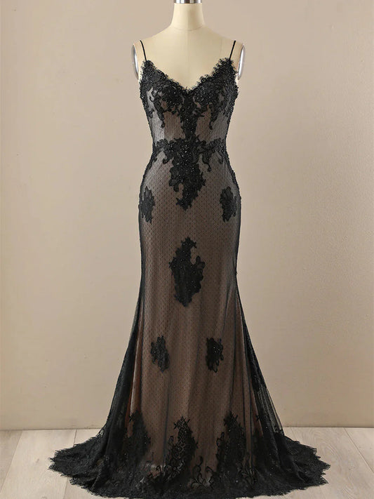 Black Mermaid Lace Straps Evening Dress Party Dress, Black Long Prom Dress TP995