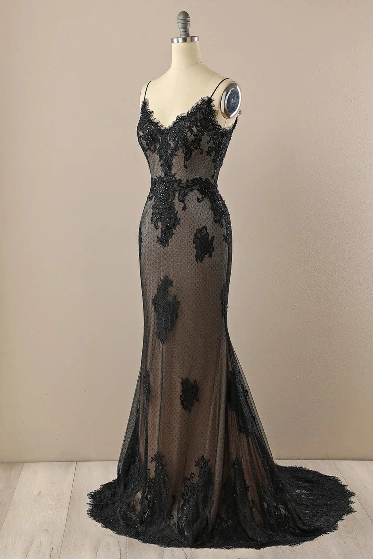 Black Mermaid Lace Straps Evening Dress Party Dress, Black Long Prom Dress TP995