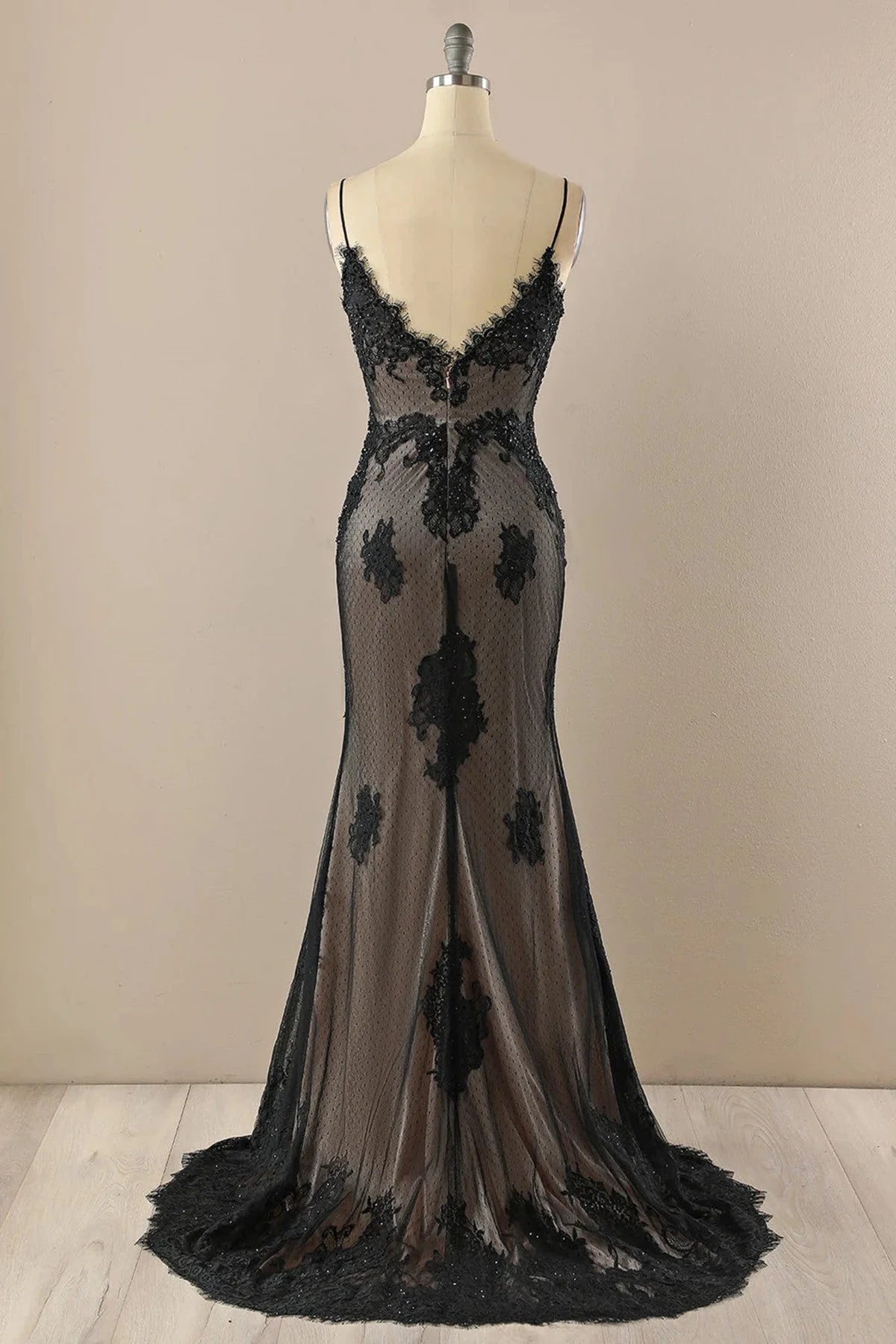 Black Mermaid Lace Straps Evening Dress Party Dress, Black Long Prom Dress TP995